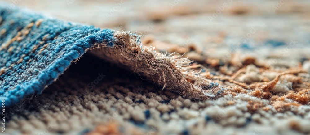 Poster close up of a damaged carpet showcasing intricate layers beneath suitable for textile analysis or ho