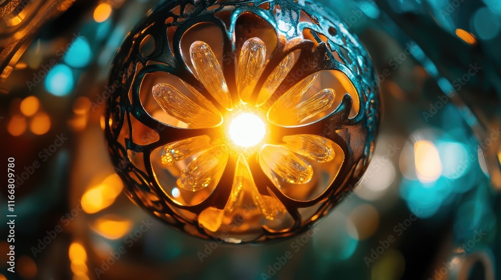 Poster brightly illuminated vintage incandescent lamp with intricate design showcasing warm light in macro 