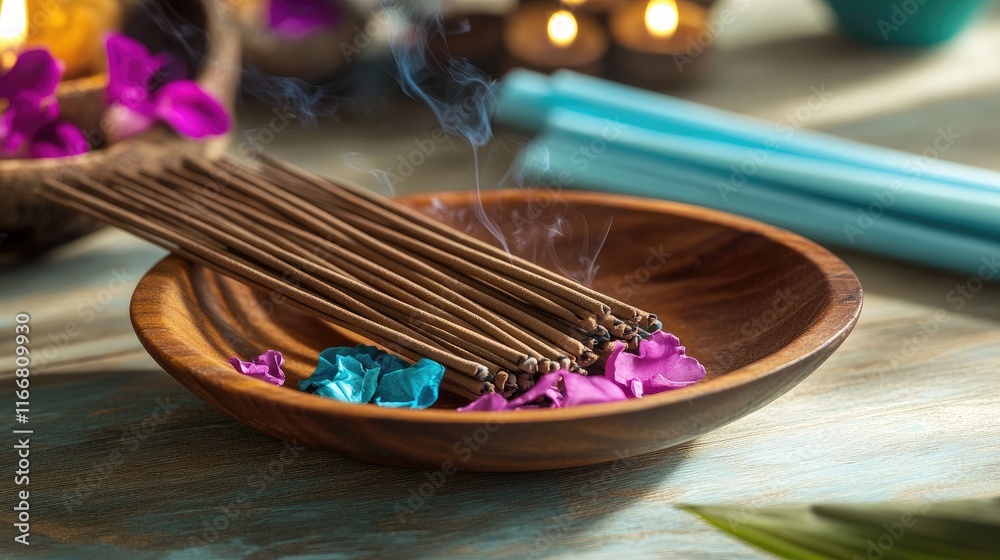 Aufkleber incense sticks arranged elegantly in a wooden bowl with colorful petals creating a serene and sacred