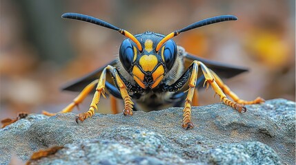 Fototapeta premium Close-up of a wasp perched on a rock, showcasing its intricate details and vibrant colors.
