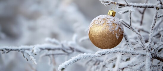 Golden ornament hanging on frosted branches of a snow-covered tree ideal for winter holiday decoration and festive ambiance