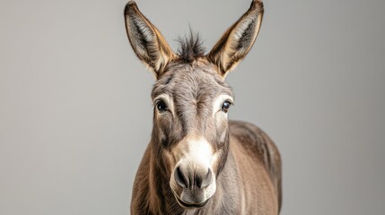 Portrait of a gray mule against a neutral studio background showcasing its expressive features and serene demeanor