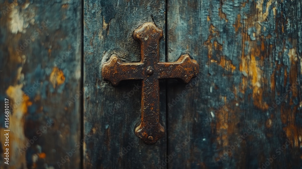 Poster rustic wooden door featuring an aged brass knocker with a cross design highlighting vintage textures