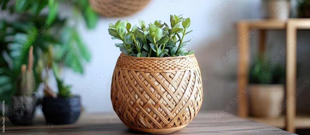 Poster Handcrafted wicker flowerpot featuring intricate patterns ideal for enhancing home decor with a natural touch