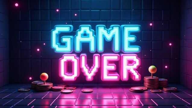Retro 80s style neon 'GAME OVER' sign with stacks of coins. Perfect for gaming, retro, or loss concepts.