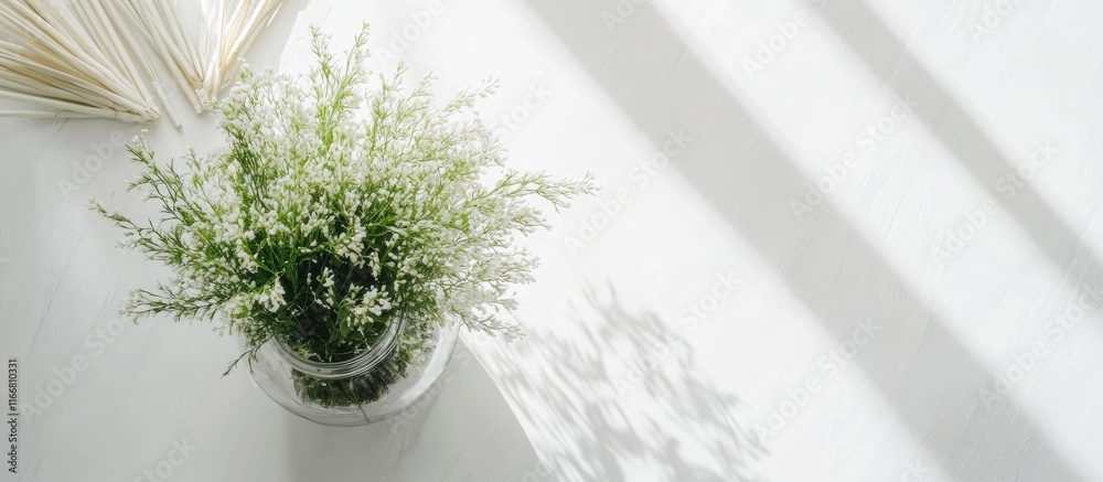 Aufkleber green plant in glass jar on minimalist table with white bamboo grass creating a serene boho style ho
