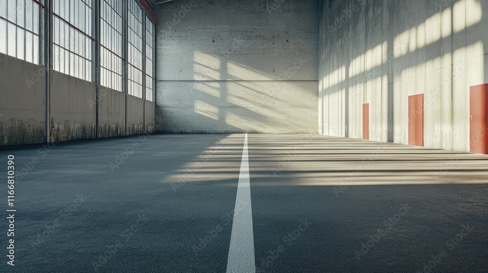 Aufkleber Lighting shadows and asphalt line in an empty industrial space illustrating direction and perspective in architecture and design