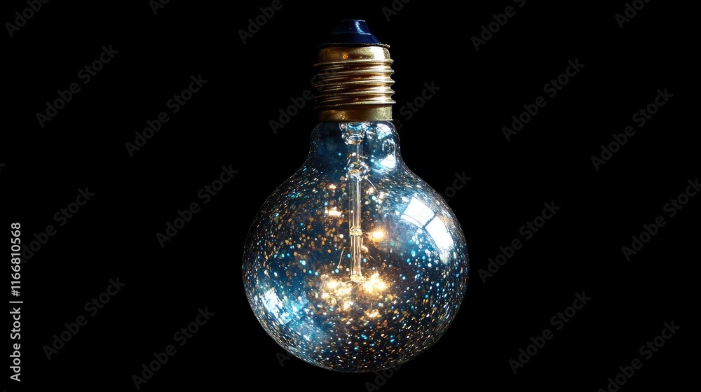 Poster Glowing vintage incandescent light bulb with sparkling glitter inside creating a magical illumination effect on a dark background