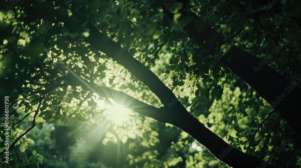 Poster Sunlight Filtering Through Lush Green Tree Canopy Creating a Beautiful Natural Glow in a Serene Forest Setting