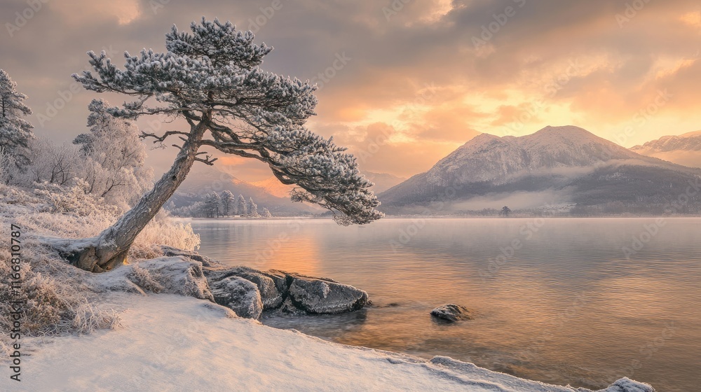 Poster serene winter lake landscape at sunset with frosted pine tree and foggy mountains in the background 
