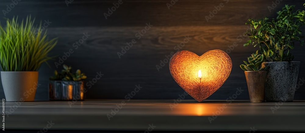 Poster heart shaped candle softly glowing in dim light surrounded by potted plants creating a romantic atmo
