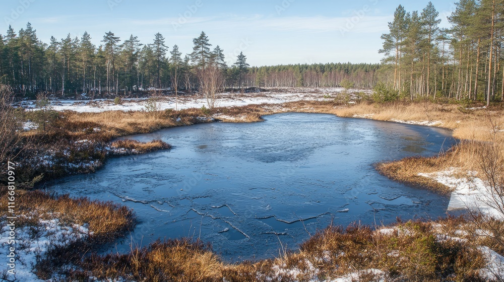 Poster winter landscape with frozen bog and ice-covered pond surrounded by pine trees and snow-covered grou