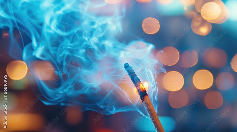 Aufkleber incense stick burning with swirling blue smoke against a vibrant blurred background creating an atmo
