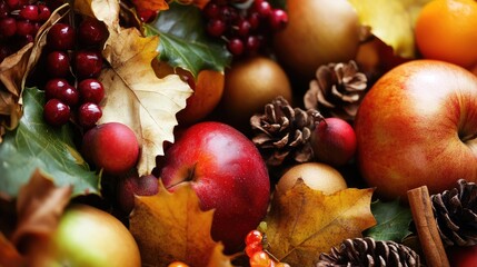 Autumn harvest arrangement symbolizing gratitude and community with fruits, leaves, and pinecones in a festive holiday atmosphere