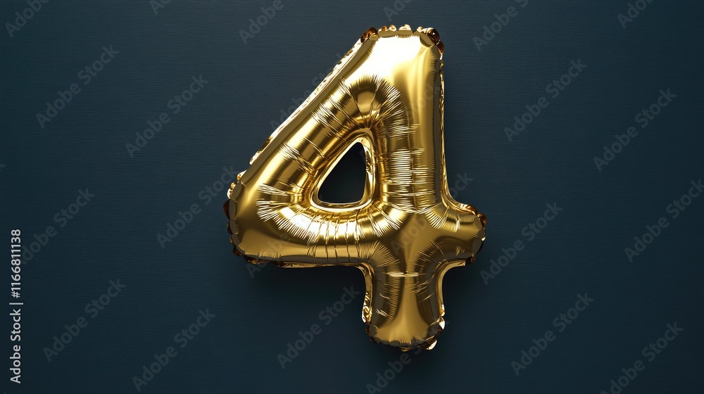 Poster Gold foil number four balloon on a dark background for greeting card design with ample copy space for personalized messages.