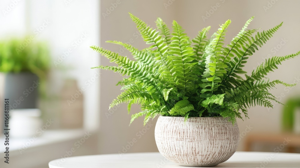 Poster Green fern leaves in a textured pot on a light table with a soft bright background creating a fresh indoor ambiance