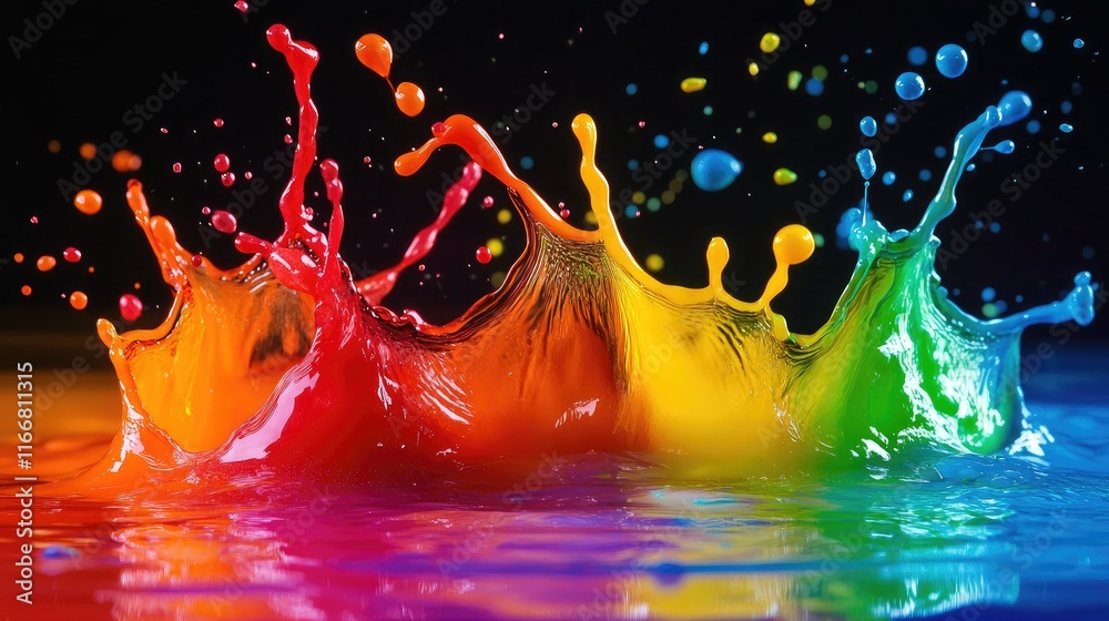 Poster Vibrant colored liquid splashes creating dynamic shapes on a dark background showcasing macro details of water droplets and bright hues