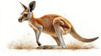 Red kangaroo hopping, kicking up dust against white background.
