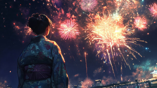 Back view of woman in yukata looking up at fireworks