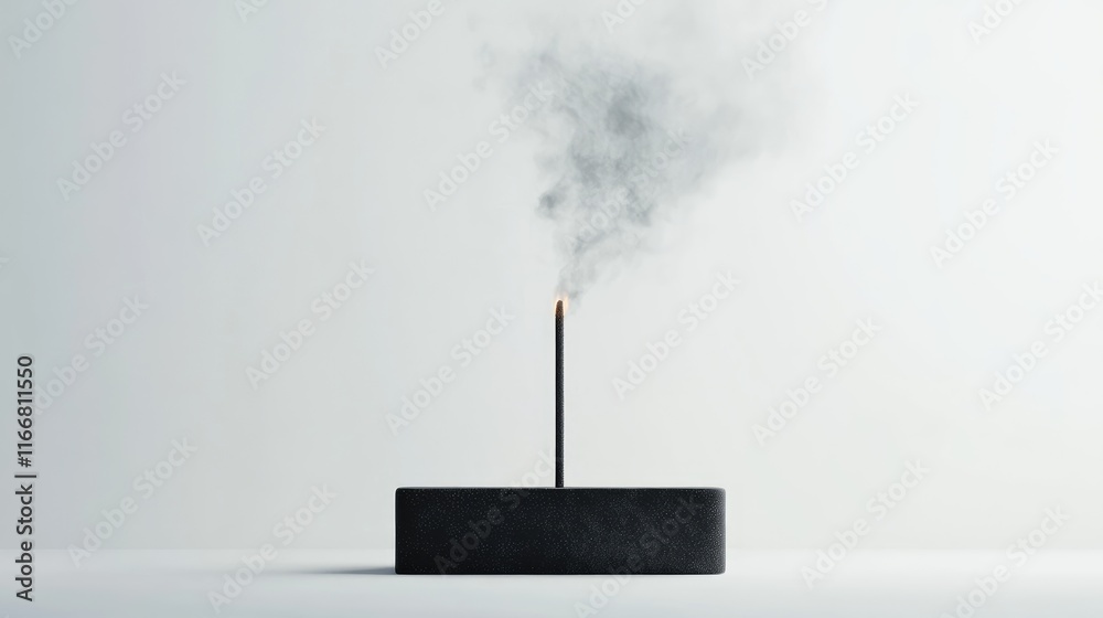 Poster elegant incense stick releasing wisps of smoke in minimalist holder against a soft white backdrop cr
