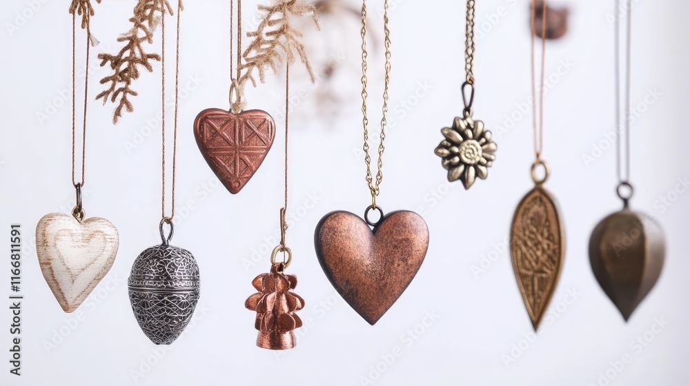 Poster vintage decorative charms in various shapes and materials displayed against a white background for h