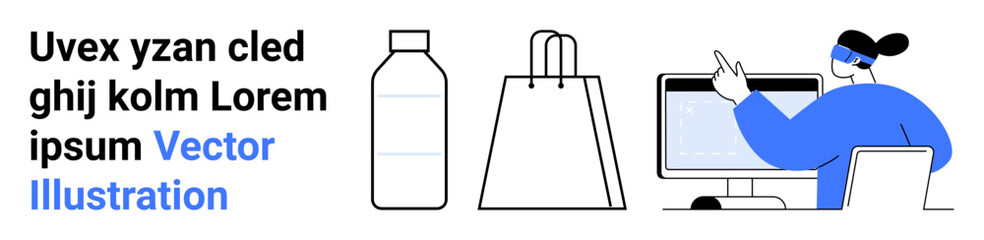 Bottle, shopping bag, person seated at computer wearing headset, pointing at screen. Ideal for online shopping, e-commerce, customer support, digital marketing, packaging design product placement