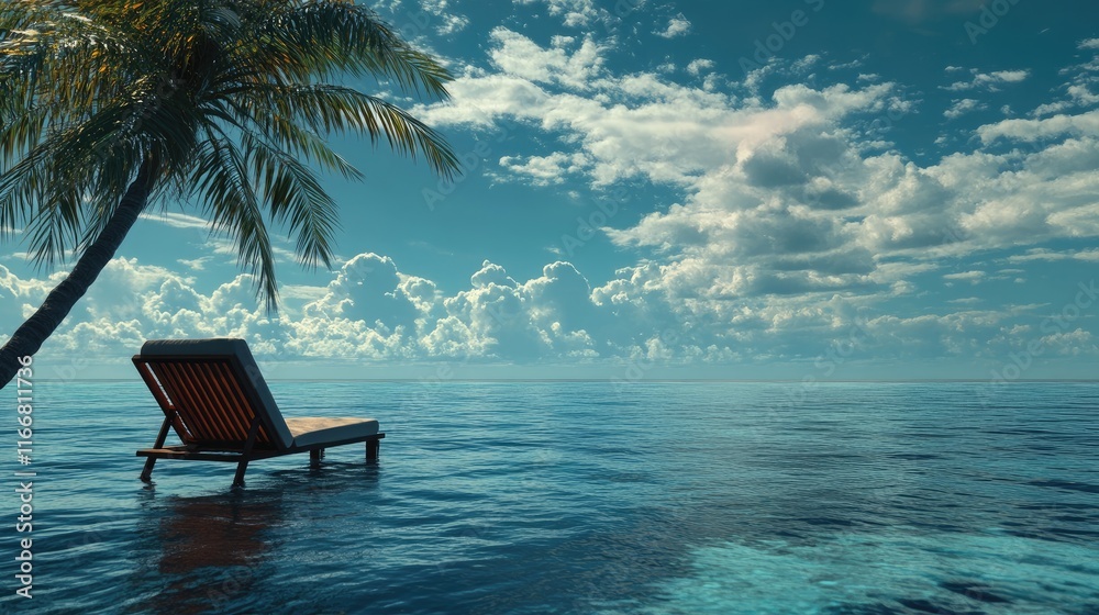 Aufkleber serene tropical beach scene with a lounge chair by the ocean under a clear sky ideal for relaxation 