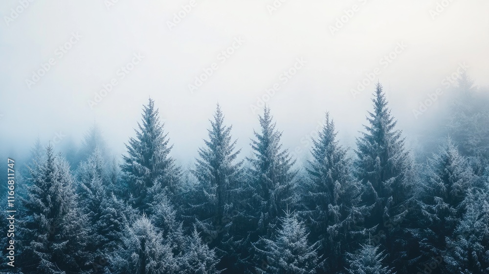 Poster snowy forest landscape with misty ambiance highlighting winter tranquility and evergreen trees envel