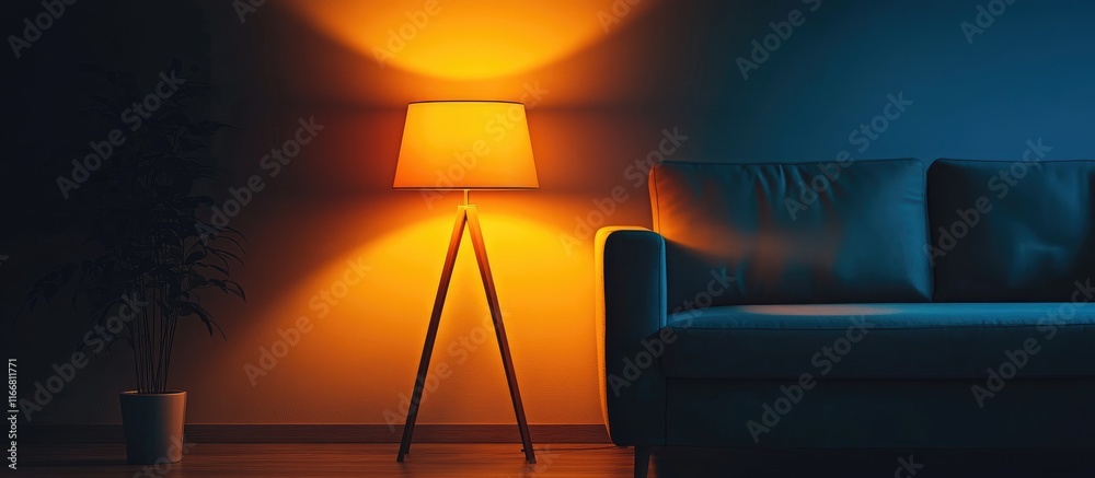 Poster warmly lit lamp creating a cozy ambiance in a dark room enhancing relaxation and comfort in home int