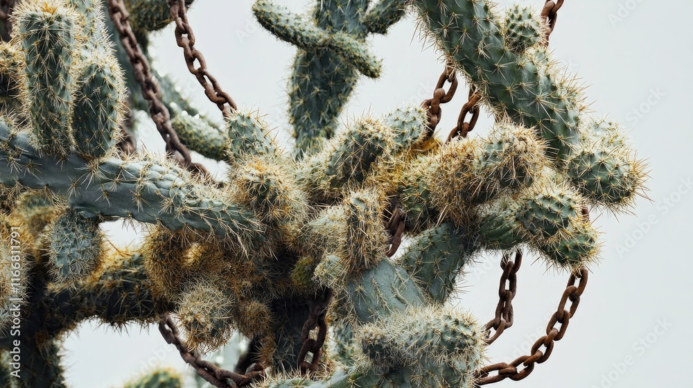Poster Hanging Chain Cholla cactus intertwined with rusted chains showcasing unique desert flora and artistic composition in natural settings