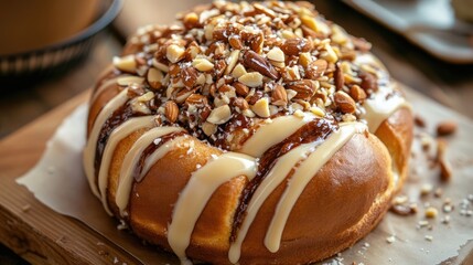 German bakery bun topped with striped icing and assorted nuts including almonds peanuts and cashews on a wooden table setting