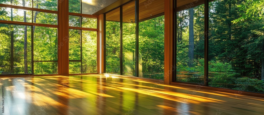 Poster serene interior view with glass windows reflecting a lush green forest creating a harmonious connect
