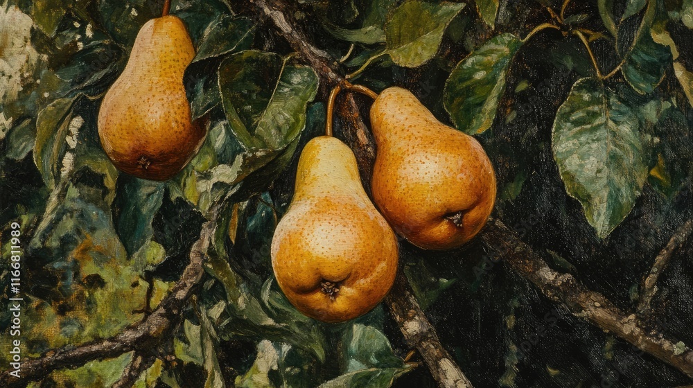 Poster pears ripening on tree branches surrounded by lush green leaves in a serene orchard setting