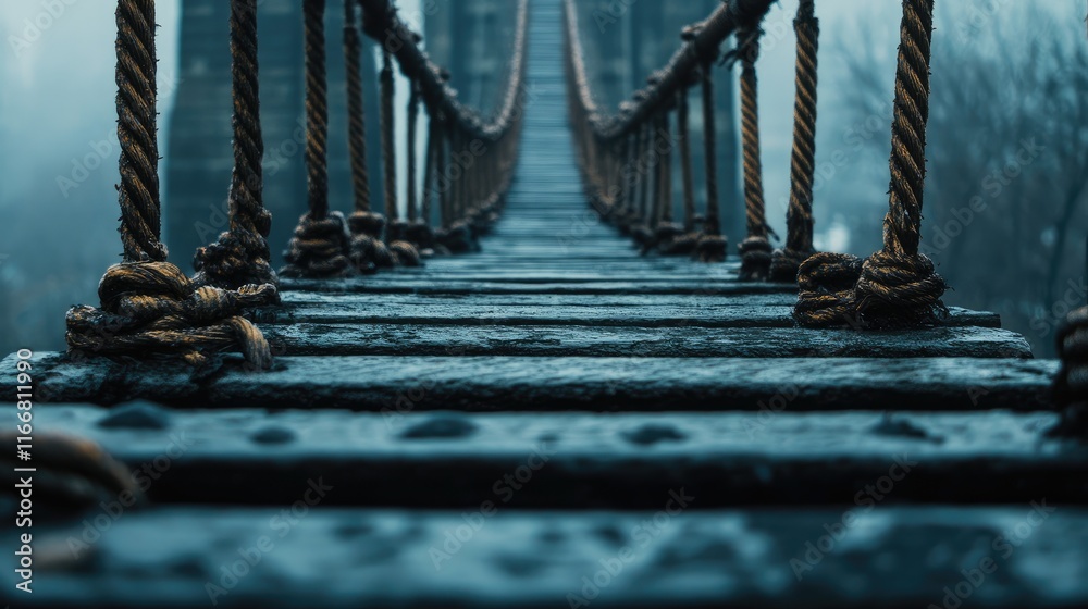 Poster rope bridge leading to observation towers with a focus on the weathered wooden planks and textured r