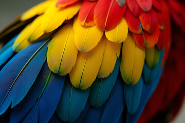 Obraz premium Colorful feathers background. Macro photo of soft parrot feathers in vivid rainbow colors. Abstract colorful composition with copy space. Bird wildlife pattern texture. Rainbow macaw feathers banner