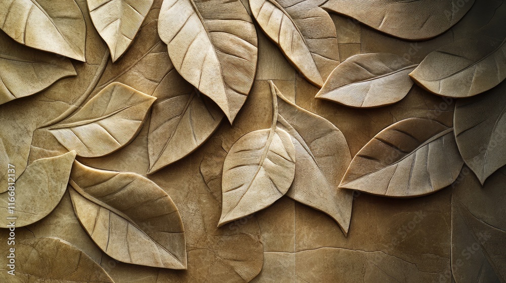 Poster textured wall design featuring intricately incised leaf patterns in earthy tones for a natural aesth