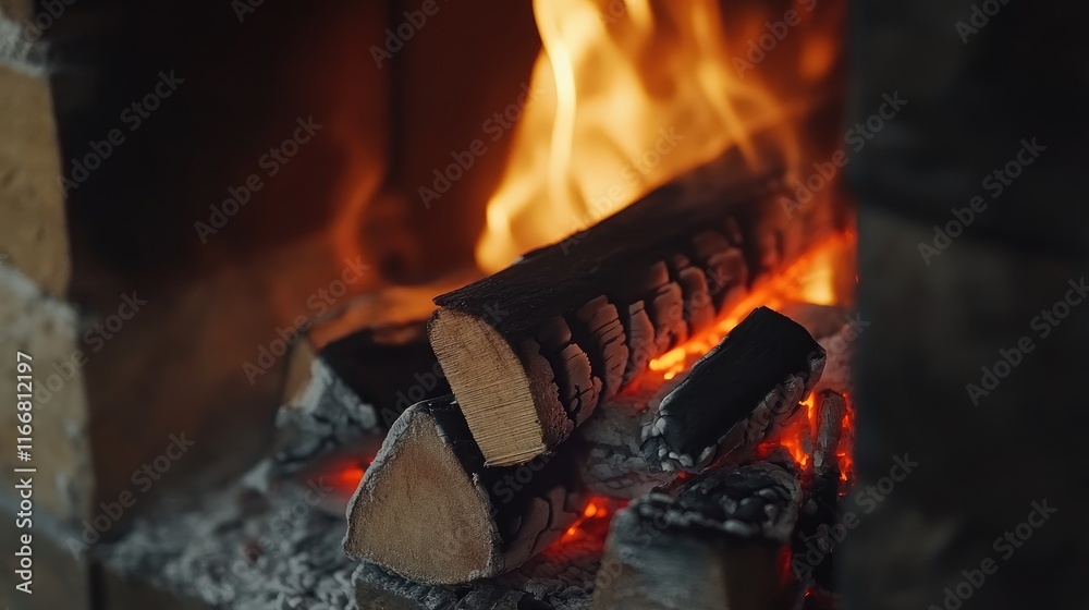 Poster cozy fireplace with burning logs and glowing embers in a rustic setting evoking warmth and comfort d