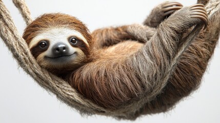 Adorable baby sloth relaxing in a hammock against a white background.