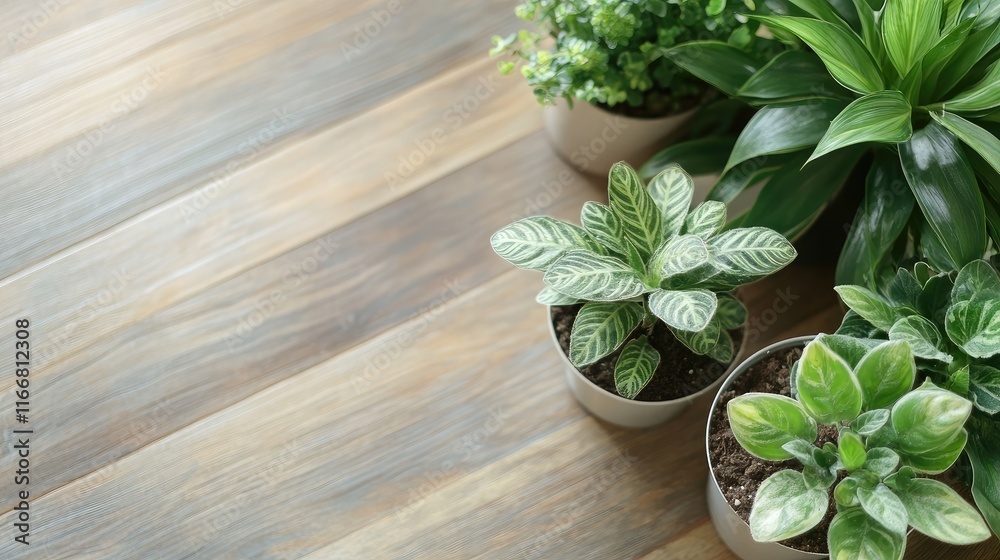Poster home interior with beautiful small potted plants arranged on a wooden floor creating a calming and i
