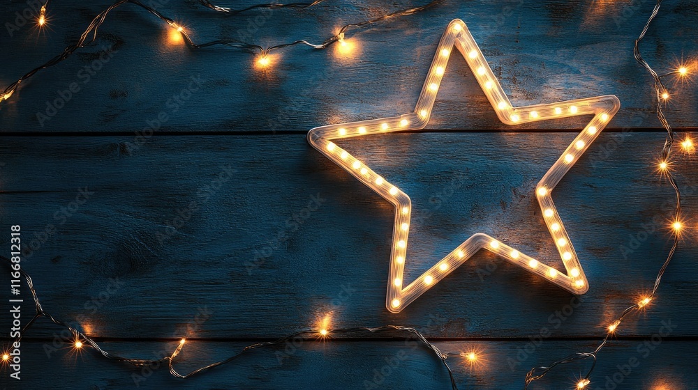 Poster star shaped white led light lamp on wooden background minimalistic flat lay composition with festive