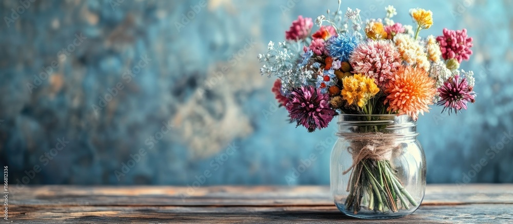 Poster assorted colorful flowers in a rustic jar on a weathered wooden table perfect for home decor and spe