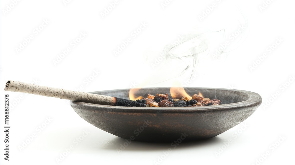 Poster incense stick emitting aromatic smoke from rustic holder against a white background for relaxation a