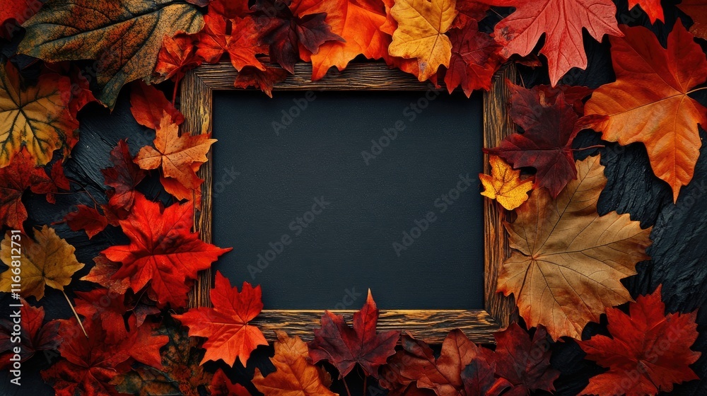 Poster autumn leaf frame for halloween celebrations with empty chalkboard center for creative messaging and