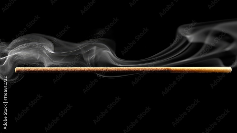 Poster Elegant incense stick releasing aromatic smoke with a blurred dark background creating a serene and calming atmosphere for relaxation.