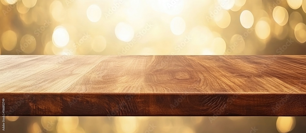 Poster empty wooden table with rich brown finish against a blurred golden bokeh background perfect for prod