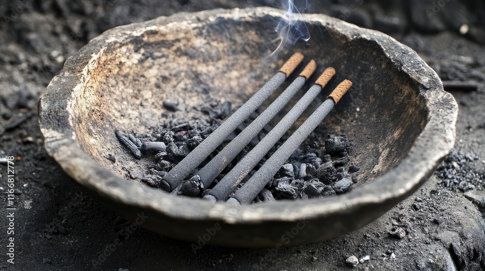 Poster Incense sticks resting in a rustic bowl filled with ash creating a serene and meditative atmosphere of spirituality and relaxation