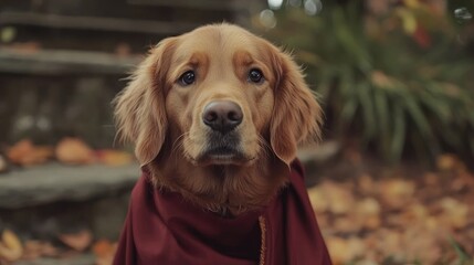 Golden retriever dressed in a cape for Halloween surrounded by autumn leaves in a garden setting