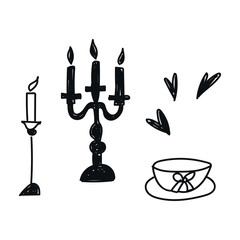 Hand-drawn chalk icon: retro and vintage wedding elements, valentine's day – festive candles with cup and hearts. Doodle-style vector illustration with playful, handwritten design