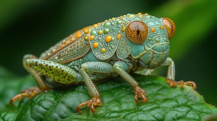Fototapeta premium Vibrant green insect with orange eyes perched on a leaf.