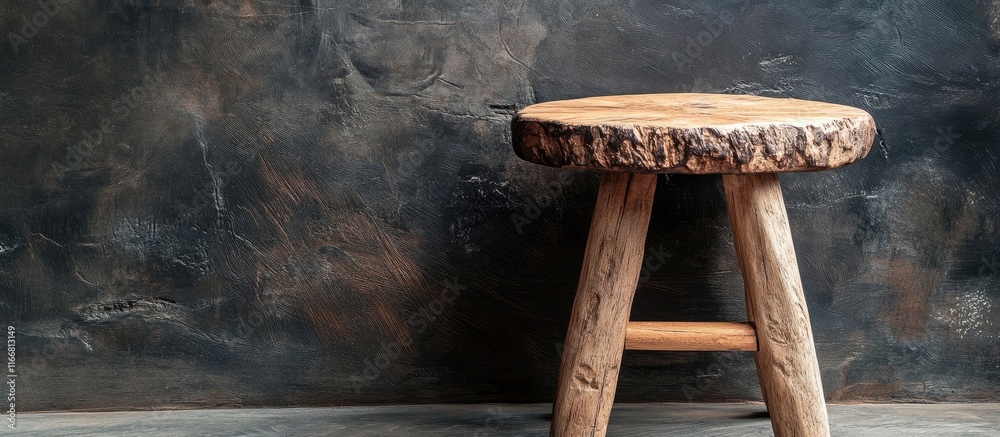 Poster Handcrafted wooden stool displaying organic textures against a rustic table background ideal for interior design and decor themes